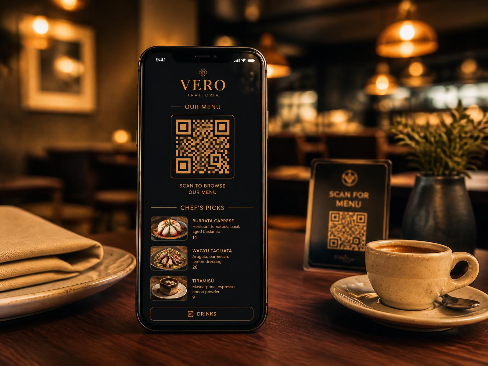Restoran masasında QR kod menü gösteren akıllı telefon